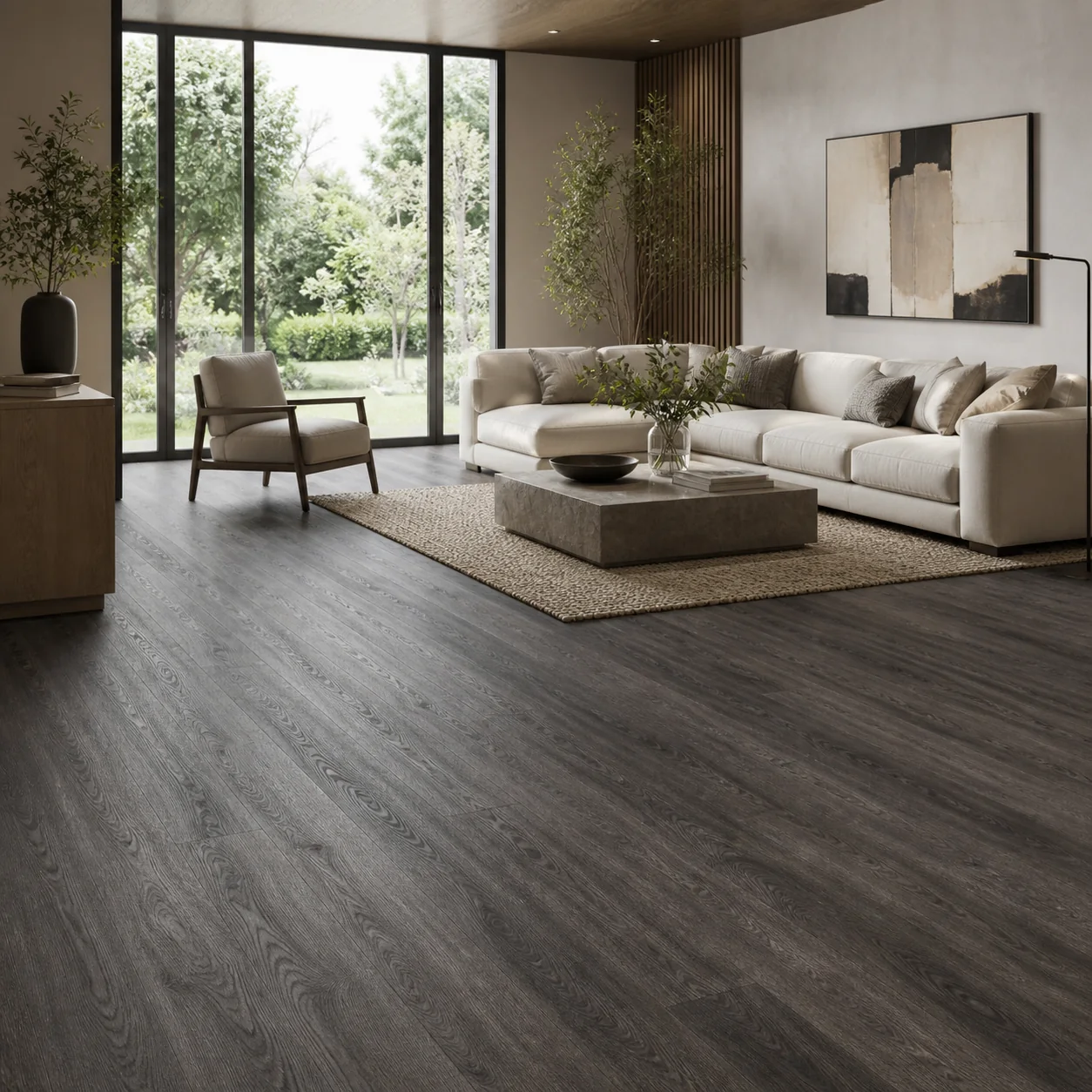 Charcoal Gray LVP flooring material color sample available from FIR Flooring and Stairs