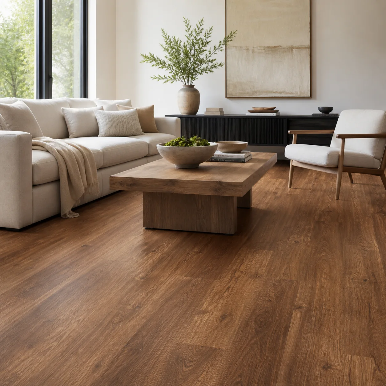 Pecan LVP flooring material color sample available from FIR Flooring and Stairs