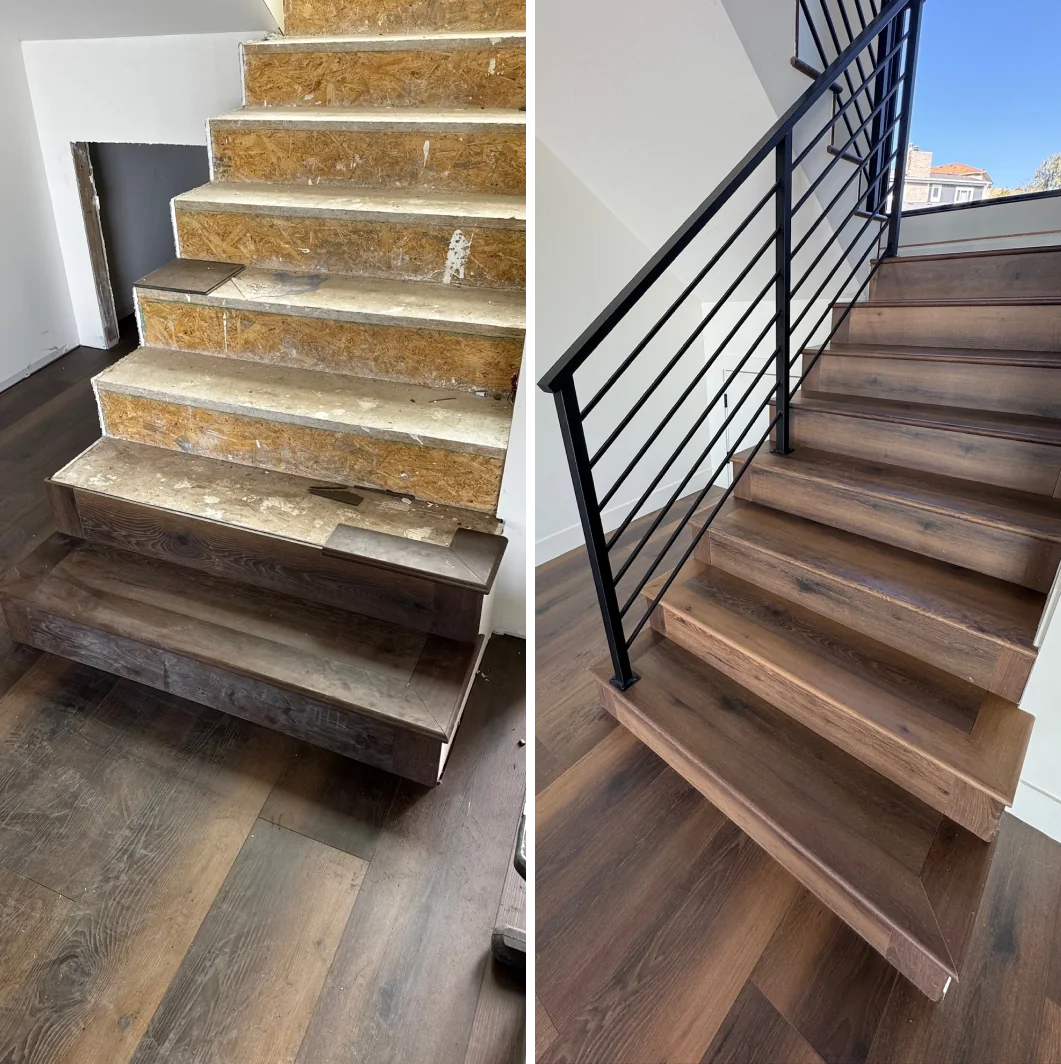 Before and after stair remodeling project with wood-look stair finish by FIR Flooring and Stairs